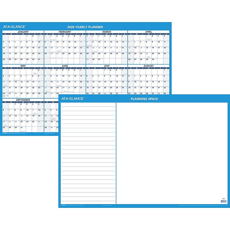 2026 AT-A-GLANCE 36" x 24" Yearly Dry Erase Wall Calendar, Reversible, White/Blue (PM200-28-26) image 1