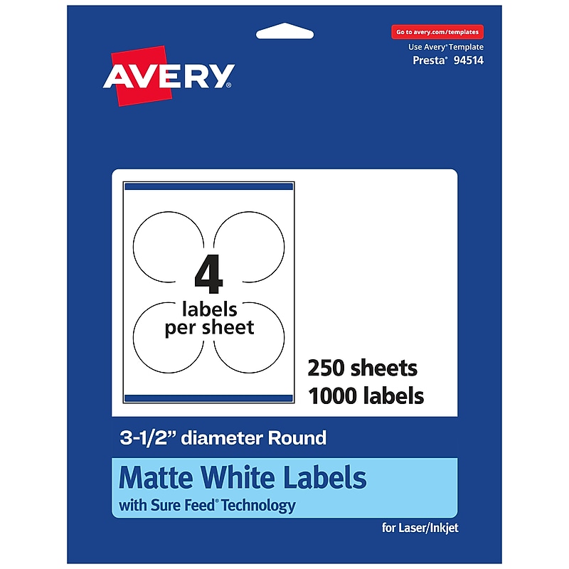 Avery Laser/Inkjet Round Multipurpose Labels, 3.5" Dia., White, 1000 Labels/Box (94514) image 1