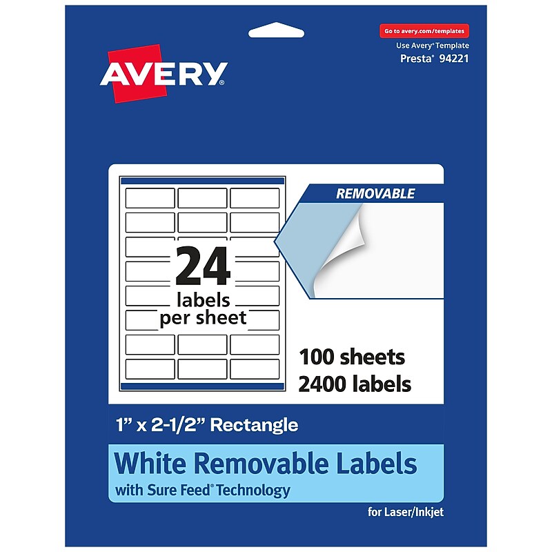 Avery Laser/Inkjet Rectangle Multipurpose Labels, 1" x 2.5", White, 2400 Labels/Box (94221) image 1