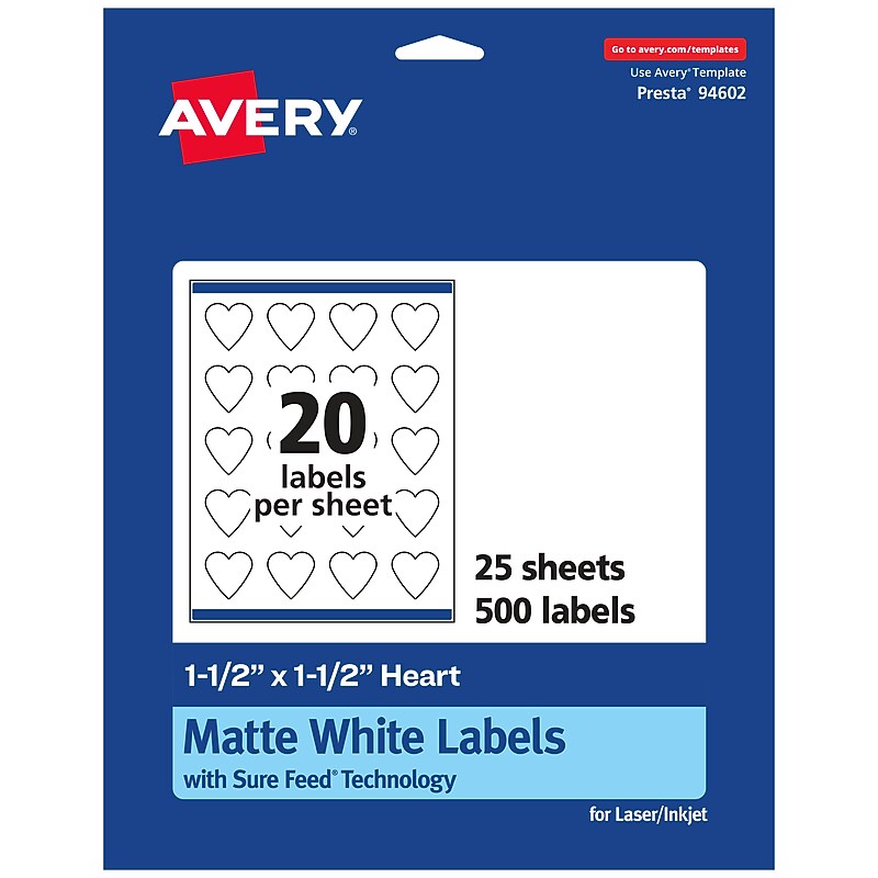 Avery Laser/Inkjet Multipurpose Heart Labels, 1.5" x 1.5", White, 500 Labels/Pack (94602) image 1