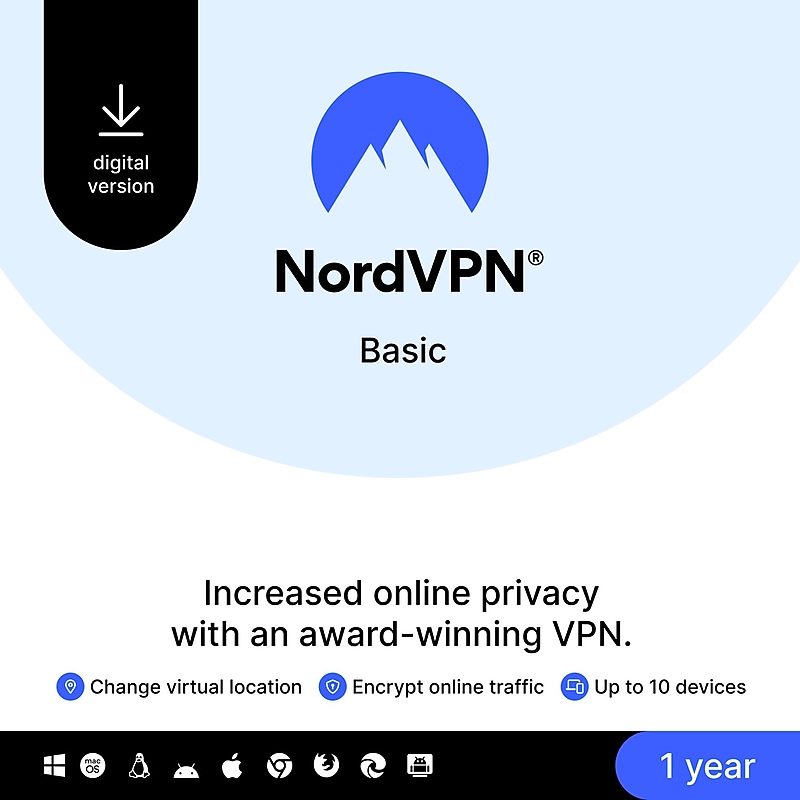 NordVPN Basic 1-Year VPN Service for up to 10 Devices, Windows, Mac, iOS, Linux, Android, Download (REL949800V010) image 1