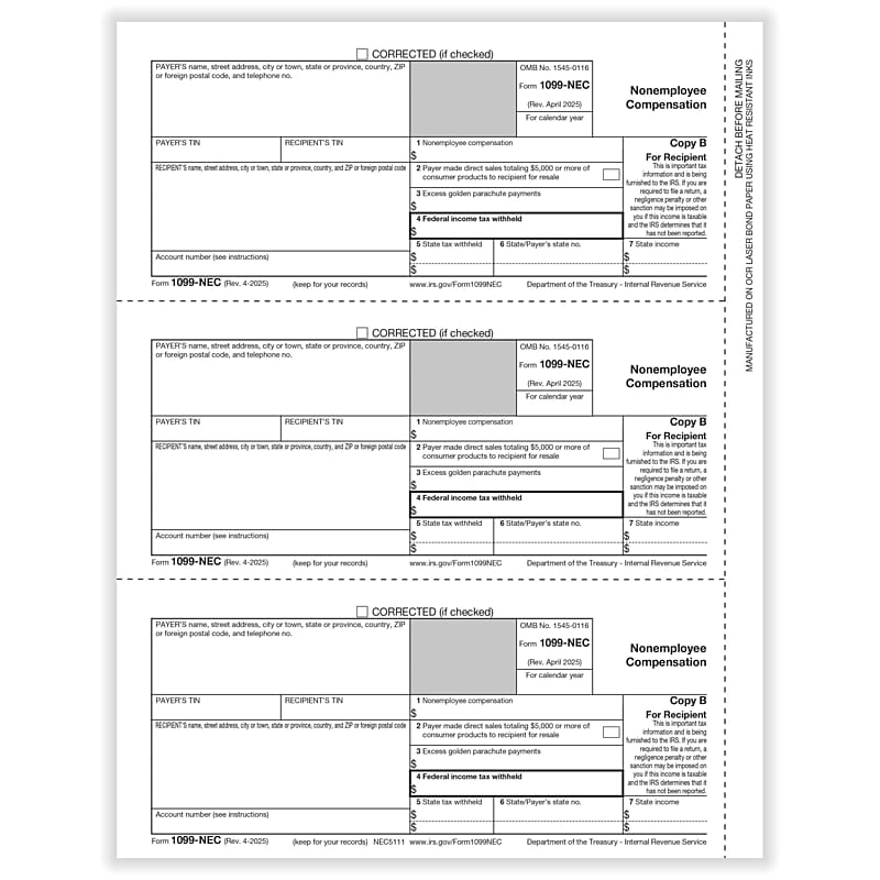 ComplyRight 2025 1099-NEC Tax Form, 1-Part, 3-Up, Recipient Copy B, 50/Pack (NEC511150) image 1