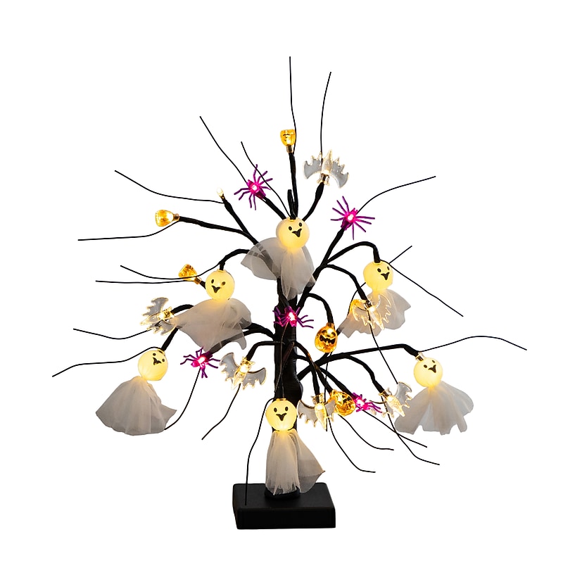 Nearly Natural Pre-Lit Artificial Halloween Ghost Dolls, Spiders, Bats & Pumpkins LED Ornament Tree, 18" (T5367) image 1
