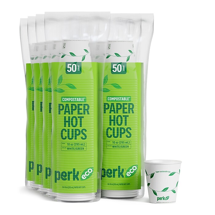 Perk™ Eco Compostable Paper Hot Cup, 10 Oz., White/Green, 500