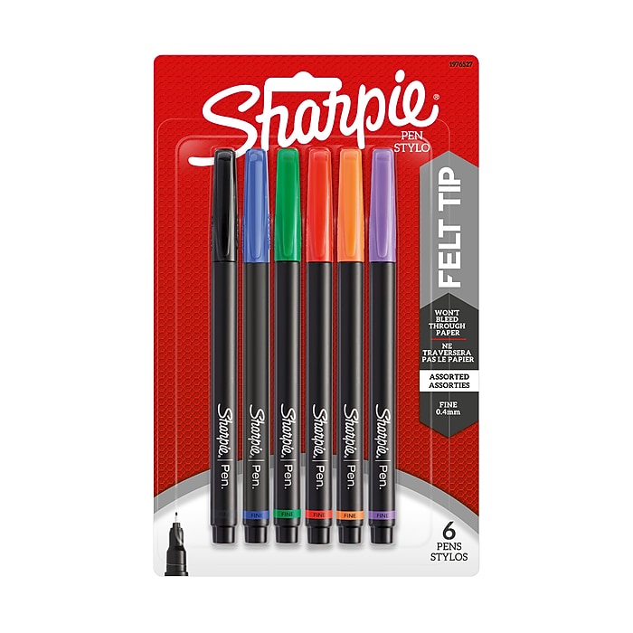 Sharpie Felt Pen, Fine Point, 0.4 mm, Assorted Ink, 6/Pack