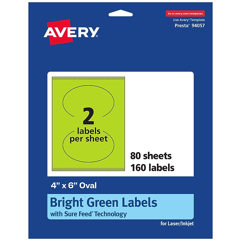 Avery Printable Oval Multipurpose Labels, 4" x 6", Bright Green, 160/Box (94057) image 1