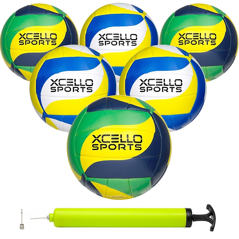 Xcello Sports Volleyballs with Pump, Green/Navy/Yellow and Blue/Yellow/White, 6/Pack (XS-VB-6-ASST-3) image 1