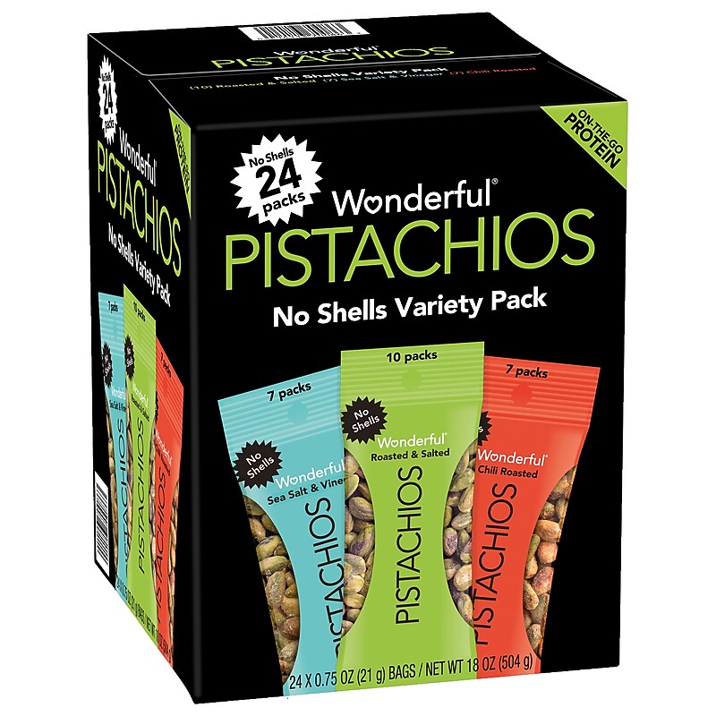Wonderful Pistachios Variety Pack, No Shells, 0.75 oz., 24 Bags/Box (070146A29V) image 1