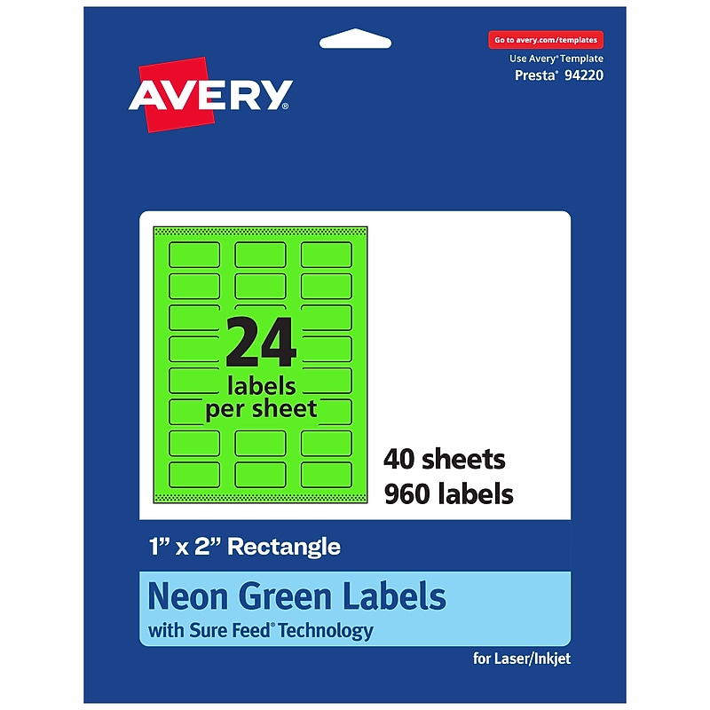 Avery Laser/Inkjet Multipurpose Rectangle Labels, 1" x 2", Neon Green, 960/Pack (94220) image 1