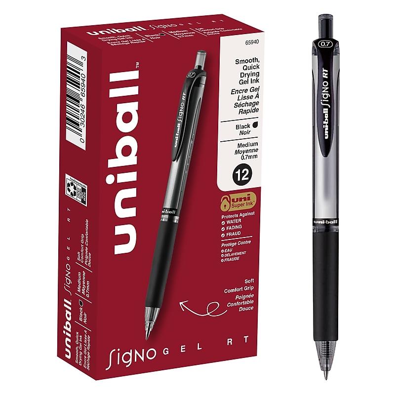 uni-ball Signo RT Gel Pens, Medium Point, 0.7mm, Black Ink, Dozen (65940) image 1