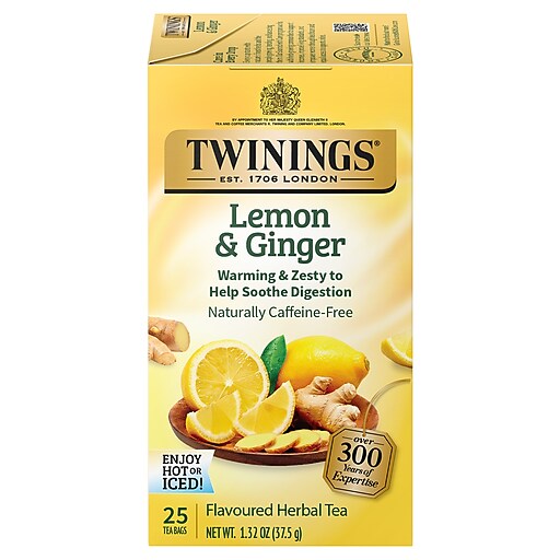 Twinings Lemon & Ginger Herbal Tea Bags, 25/Box (TNA85145) Staples