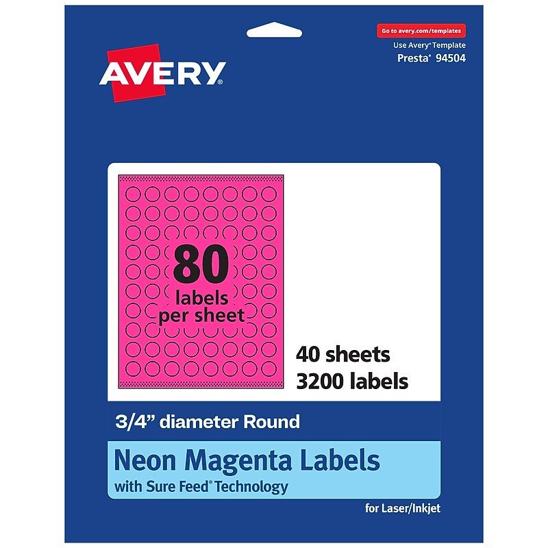 Avery Laser/Inkjet Round Multipurpose Labels, Neon Magenta, 80 Labels/Sheet, 40 Sheets/Pack (94504-NMP40) image 1
