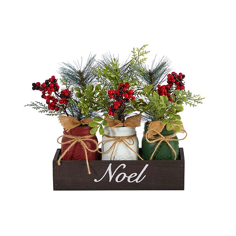 Nearly Natural Artificial Holiday Winter Pine and Berries Mason Jar Noel Table Christmas Arrangement, 12" (A1842) image 1