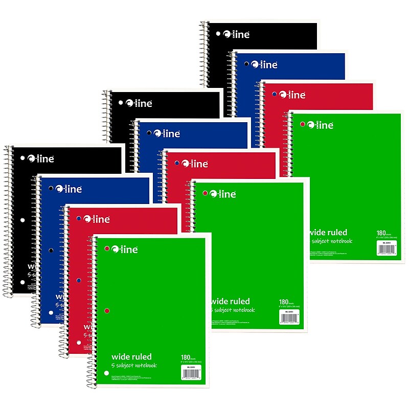 C-Line 5-Subject Subject Notebooks, Wide Ruled, 180 Sheets, Assorted Colors, 3/Bundle (CLI22051-3) image 1