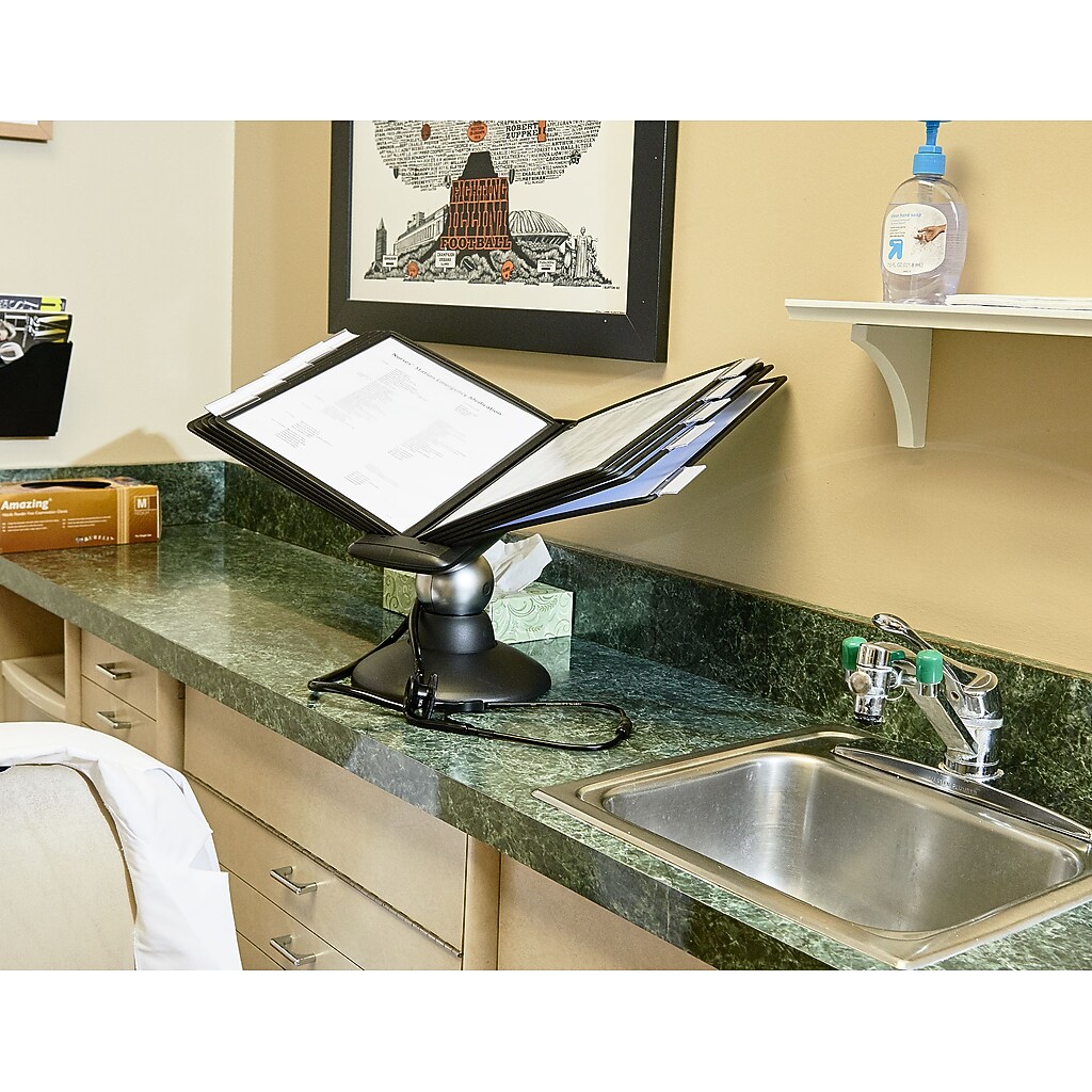 Document holder on classroom counter near sink