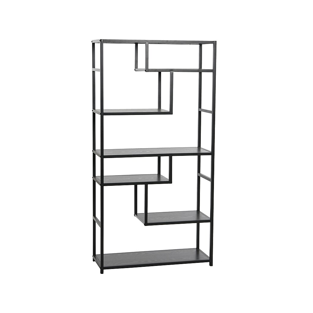 Jamestown 65-inch bookcase with staggered asymmetrical shelves in black metal and wood