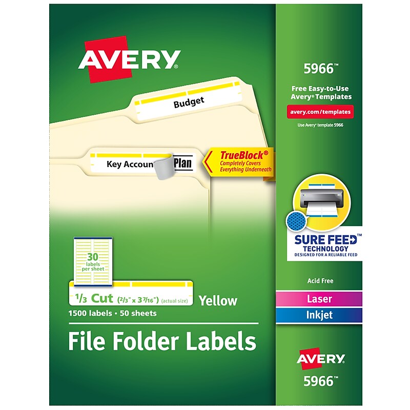 Avery TrueBlock Laser/Inkjet File Folder Labels, 2/3" x 3-7/16", White/Yellow, 1,500 Labels/Pack (5966) image 1