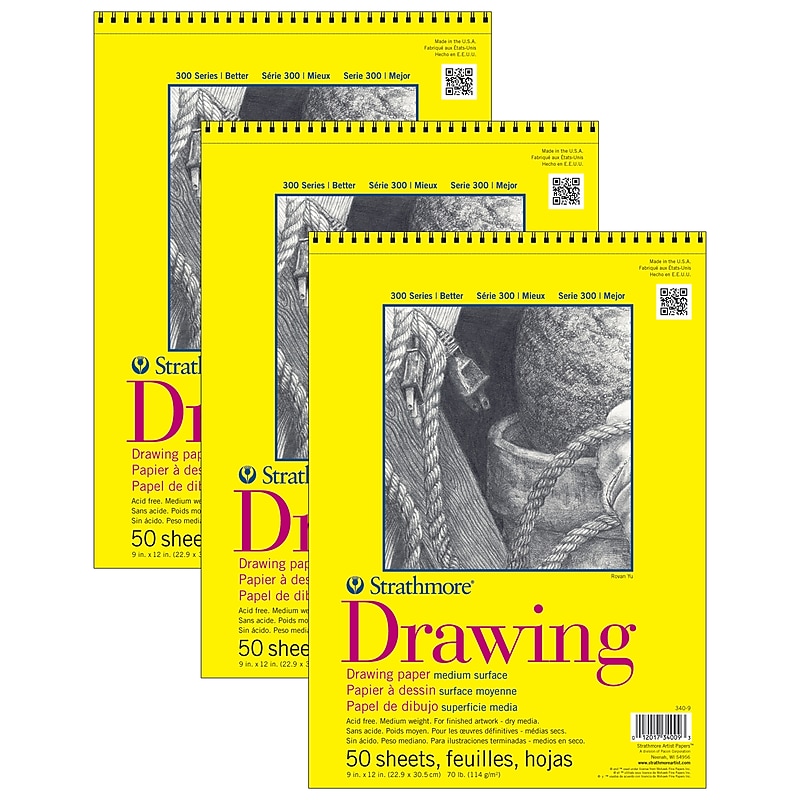 Strathmore 300 Series 9" x 12" Wire Bound Drawing Sketch Pad, 50 Sheets/Pad, 3/Bundle (STTP340903-3) image 1
