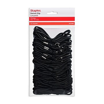 Staples Lanyards with Swivel Clip, Black, 36" Length, Nylon, Black, 12/Pack (37863)