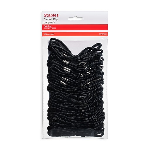 Staples Lanyards with Swivel Clip, Black, 36" Length, Nylon, Black, 12/Pack (37863) Staples