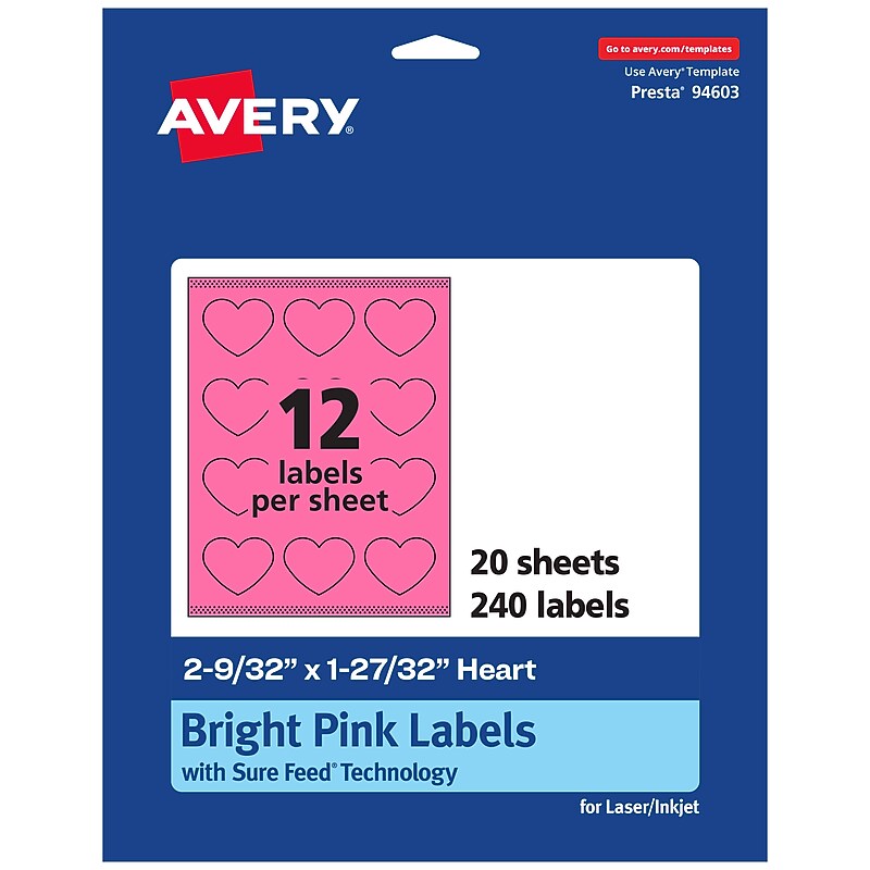 Avery Heart Laser/Inkjet Multipurpose Labels, 2-9/32" x 1-27/32", Bright Pink (240/Pack) image 1