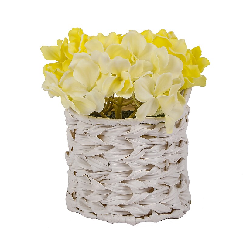 National Tree Company 10" Light Yellow Hydrangea Bouquet in White Basket (MT81-1326GLYW-1) image 1