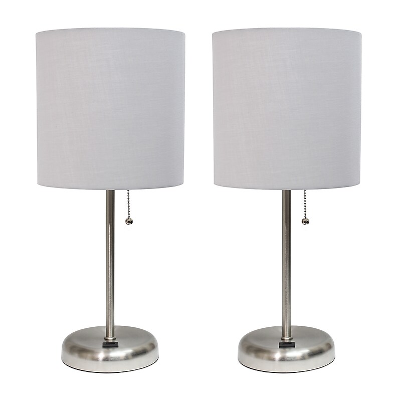 Creekwood Home Oslo Duo 19.5" LED Table Lamp with USB Port, Brushed Steel/Gray Shade, 2/Set (CWT-2012-GY-2PK) image 1