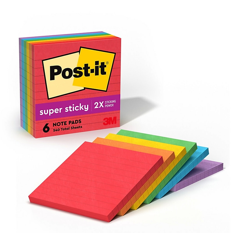 Post-it Super Sticky Notes, 4" x 4", Playful Primaries Collection, Lined, 90 Sheet/Pad, 6 Pads/Pack (6756SSAN) image 1