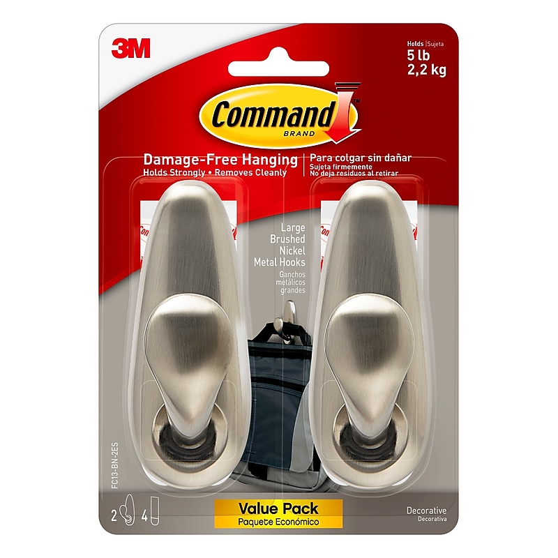 Command Large Hook, 5 lb., Brushed Nickel, 2 Hooks, 4 Strips/Pack (FC13-BN-2ES) image 1