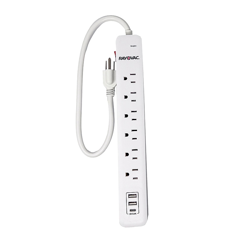 RAYOVAC 6-Outlet 3-USB Port Surge Protector, 1.5-ft. Cord, 450-Joules, White (FL-301CS) image 1