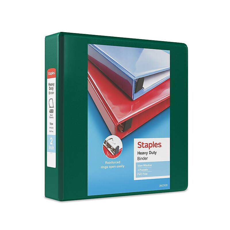 Staples Heavy Duty 2" 3-Ring View Binder, D-Ring, Green (ST56311-CC) image 1