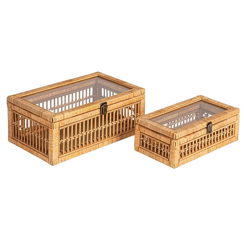 Storied Home Nestable Storage Boxes with Hinged Lids, Wicker, Natural, 2/Pack (EC1738) image 1