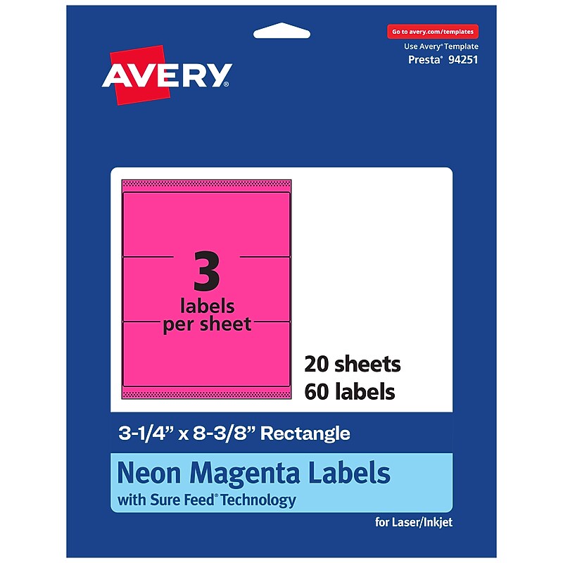 Avery Laser/Inkjet Rectangle Multipurpose Labels, 3-1/4" x 8-3/8", Neon Magenta, 60/Pack (94251) image 1