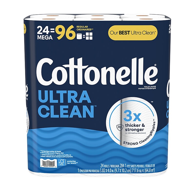 Cottonelle Ultra Clean Toilet Paper, 1-ply, White, 312 Sheets/Roll, 24 Rolls/Case (54161/55492) image 1