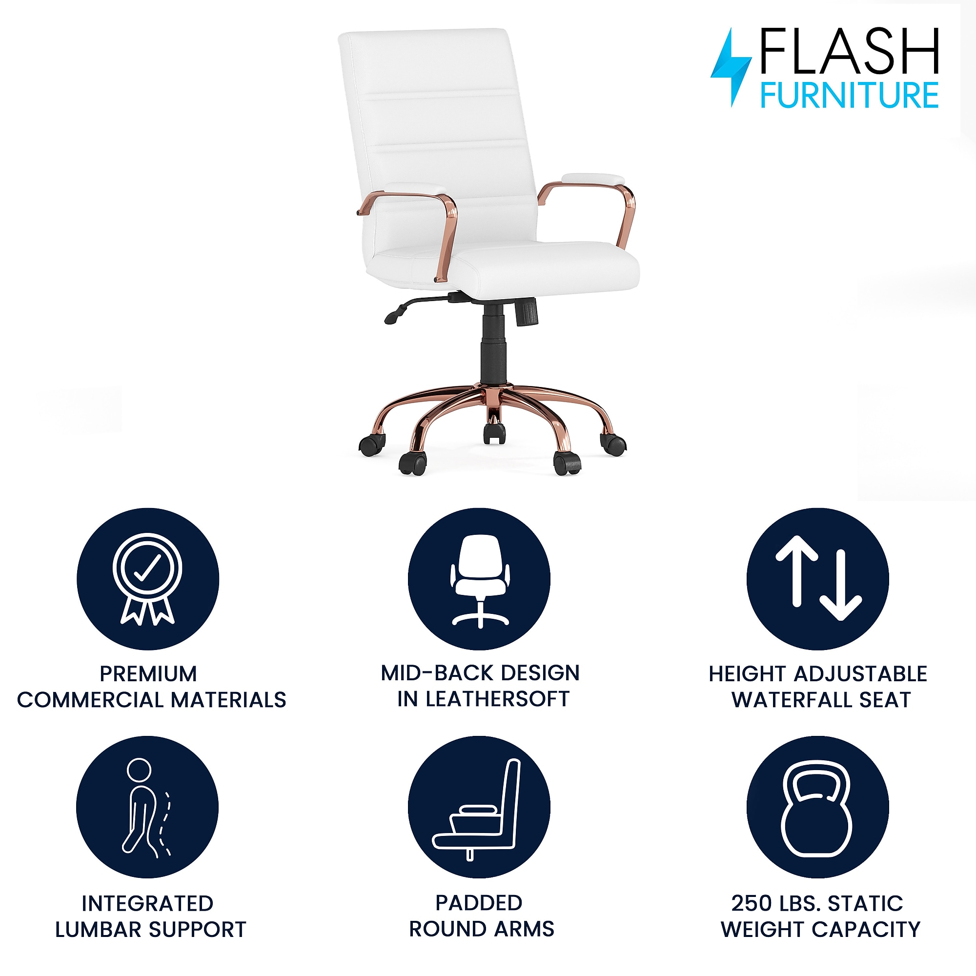 Flash Furniture Whitney Ergonomic LeatherSoft Swivel Executive Chair, White/Rose Gold (GO2286MWHRSGLD) Sansujyuku sansujyuku.com