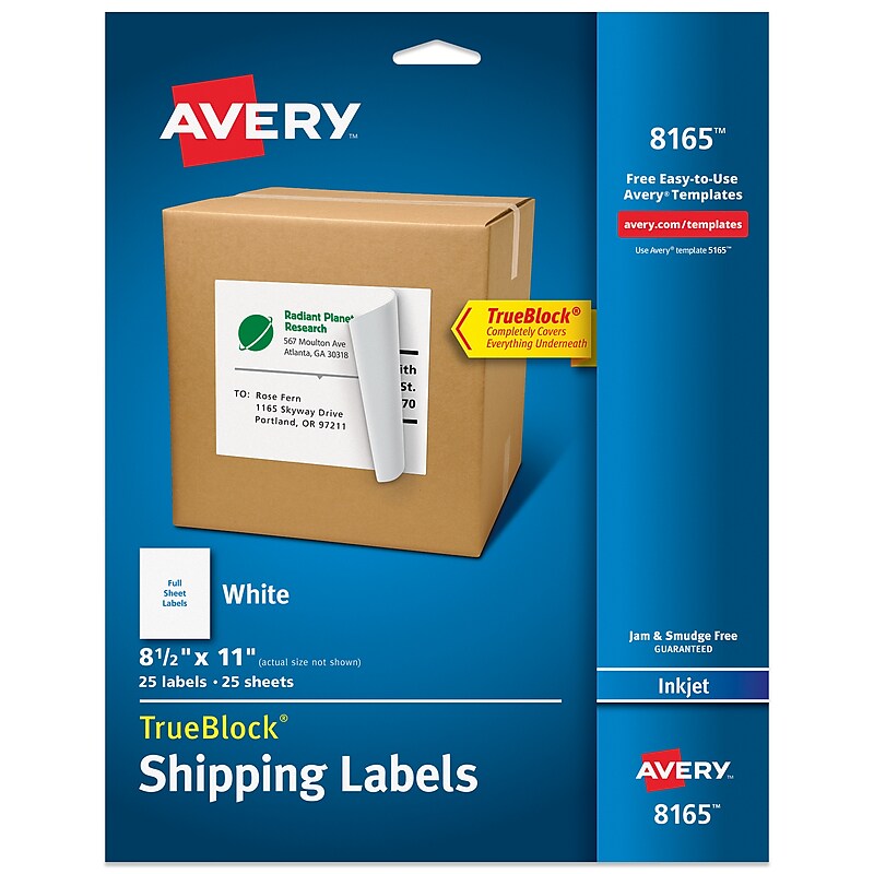 Avery TrueBlock Inkjet Shipping Labels, 8.5" x 11", Matte White, 25 Labels/Pack (8165) image 1