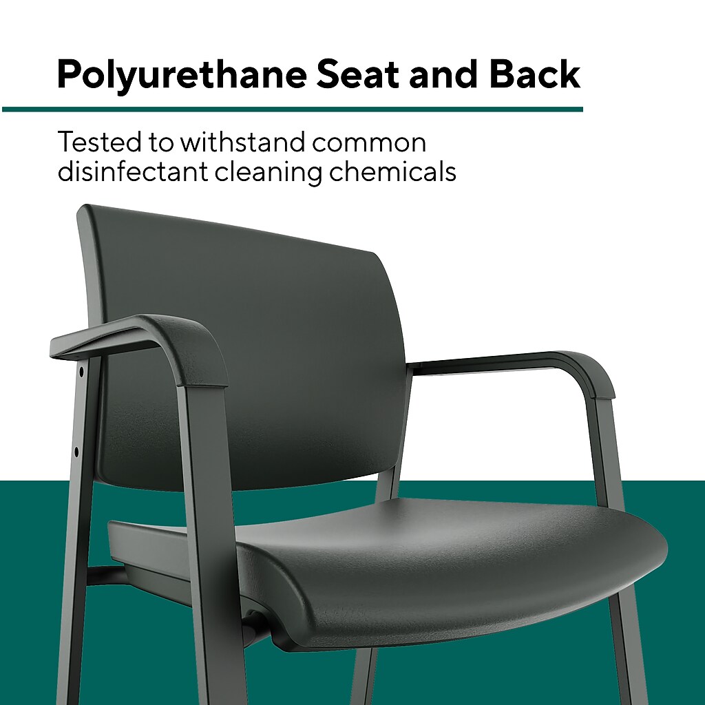 Close-up of chair seat and back with text overlay Durable Material