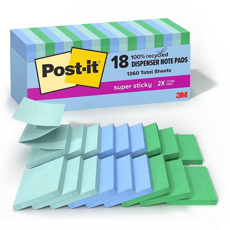 Post-it Recycled Super Sticky Pop-up Notes, 3" x 3", Oasis Collection, 70 Sheet/Pad, 18 Pads/Pack (R330-18SST-CP) image 1