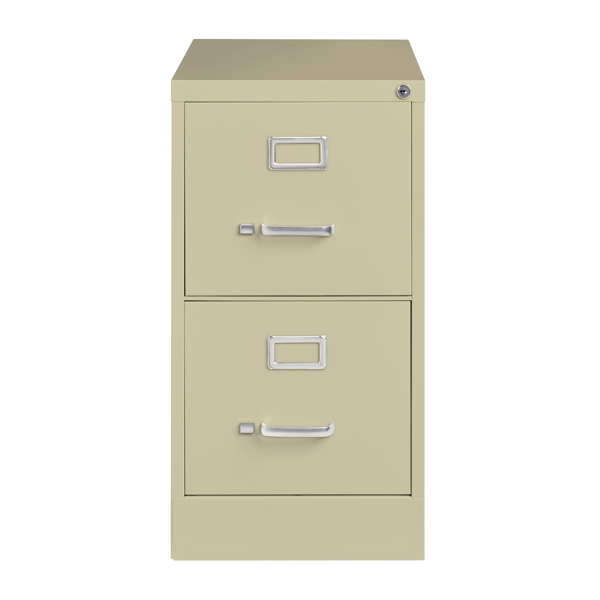 Two-drawer vertical file cabinet facing forward, putty color