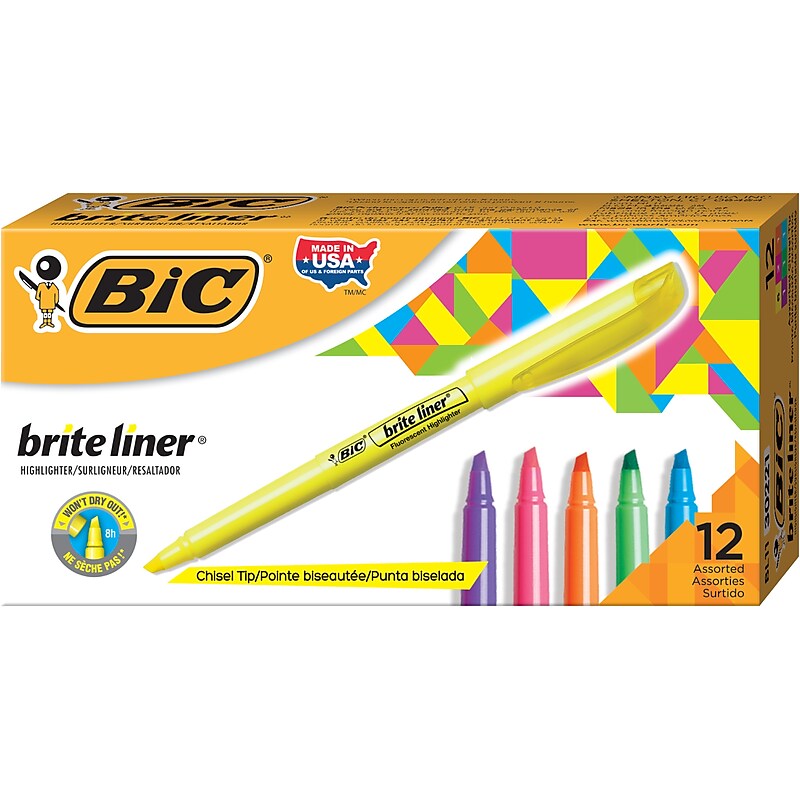 BIC Brite Liner Stick Highlighters, Chisel Tip, Assorted Colors, Dozen (BL11-AST) image 1