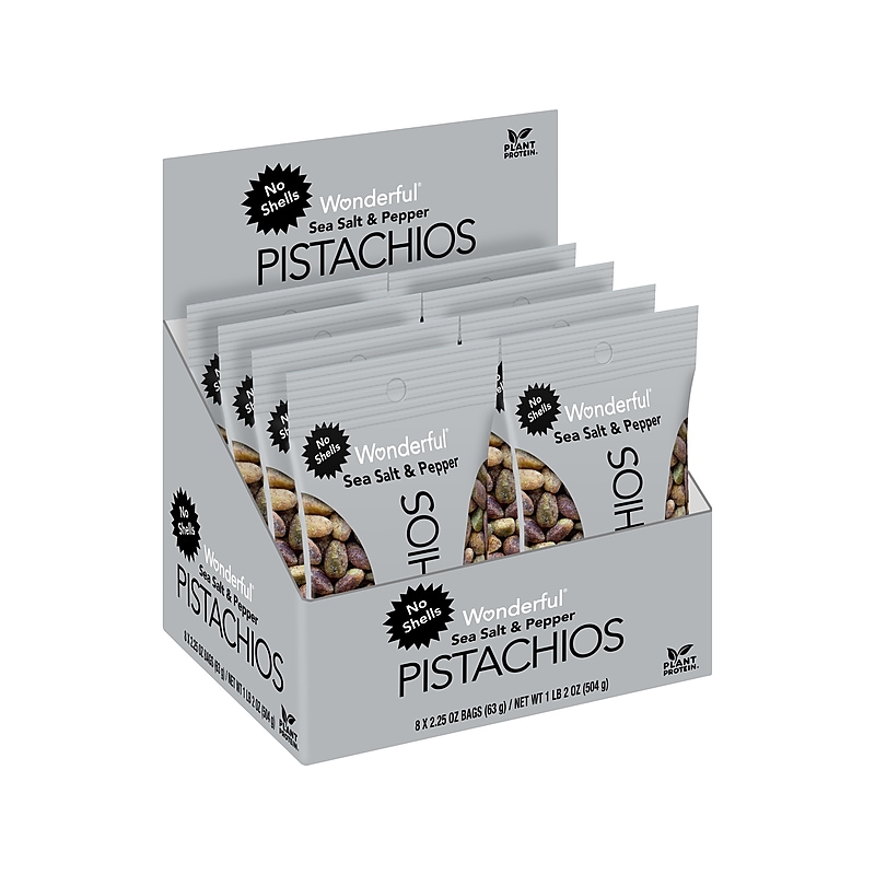 Wonderful Pistachios Sea Salt & Pepper, No Shells, 2.25 oz., 8 Bags/Box (SP0146A25M) image 1