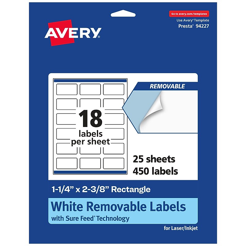 Avery Laser/Inkjet Rectangle Multipurpose Labels, 1-1/4" x 2-3/8", White, 450 Labels/Pack (94227) image 1