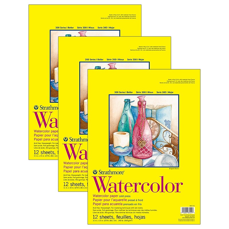 Strathmore 300 Series 11" x 15" Tape Bound Watercolor Sketch Pad, 12 Sheets/Pad, 3/Bundle (STTP36011103-3) image 1
