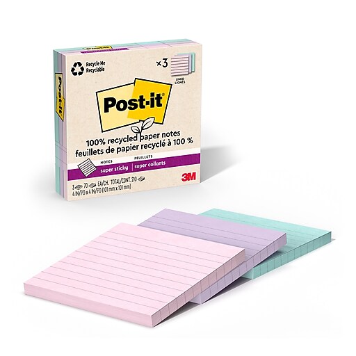 Post-it Recycled Super Sticky Notes, 4" x 4", Wanderlust Pastels Collection, Lined, 70 Sheets/Pad, 3 Pads/Pack (675R-3SSNRP)