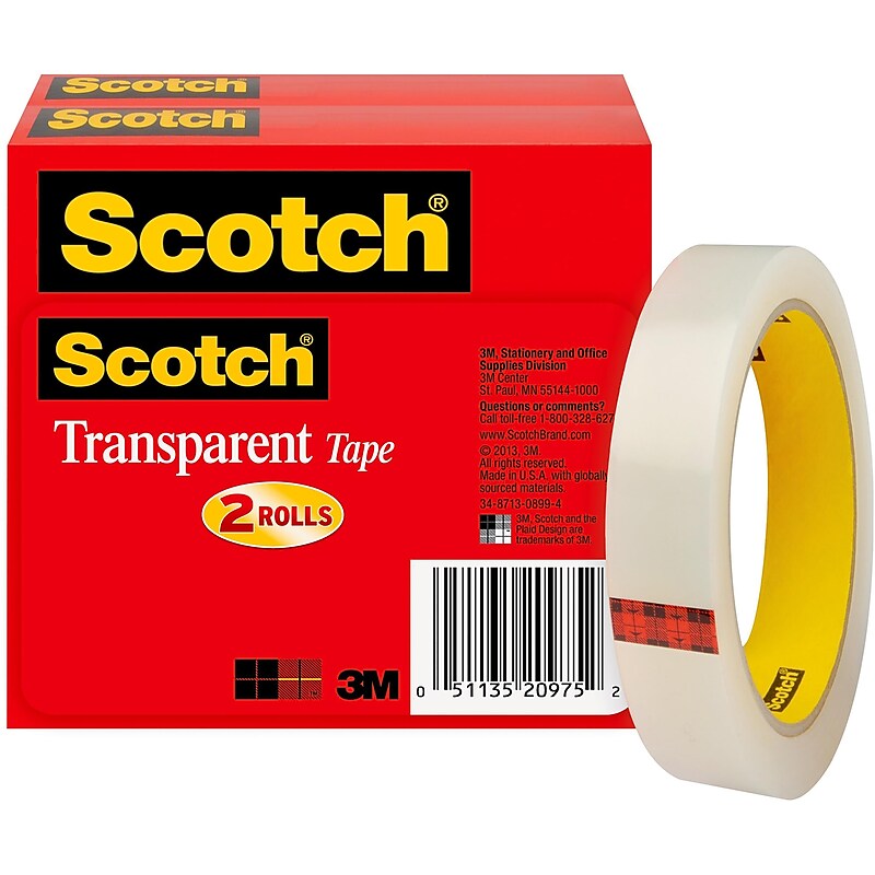 Scotch Transparent Clear Tape Refill, 0.75" x 72 yds., 3" Core, Clear, 2 Rolls/Pack (600-2P34-72) image 1