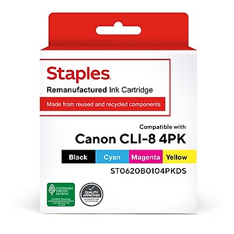 Staples Remanufactured Black/Cyan/Magenta/Yellow Standard Yield Ink Cartridge Replacement for Canon CLI-8 (ST0620B0104), 4/Pack