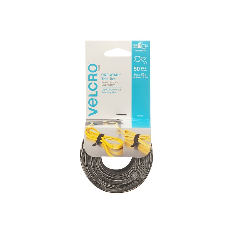 Velcro® Brand One-Wrap® Thin Cable Ties 1/2" x 8", Black/Gray, 50/Pack (90924) image 1