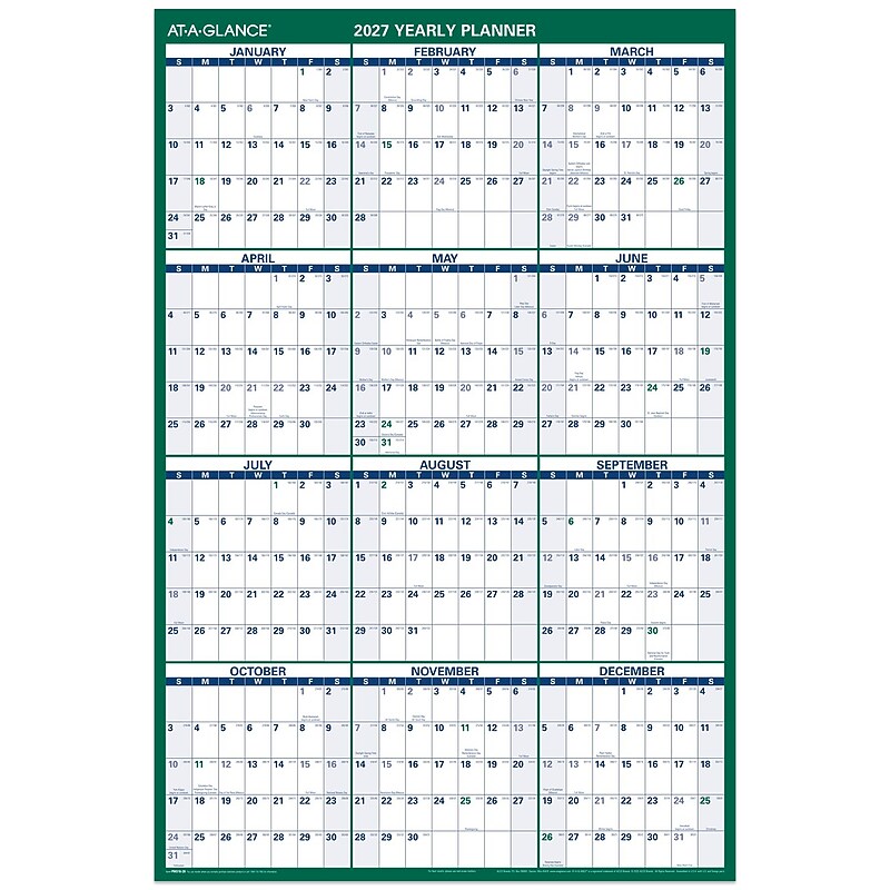 2027 AT-A-GLANCE 32" x 48" Yearly Dry Erase Wall Calendar, Reversible, White/Green (PM310-28-27) image 1