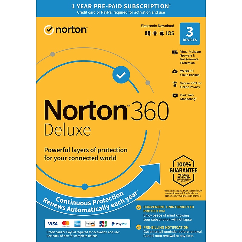 Norton 360 Deluxe for 1 User, Windows/Mac/Android/iOS, Product Key Card  (21392065) image 1