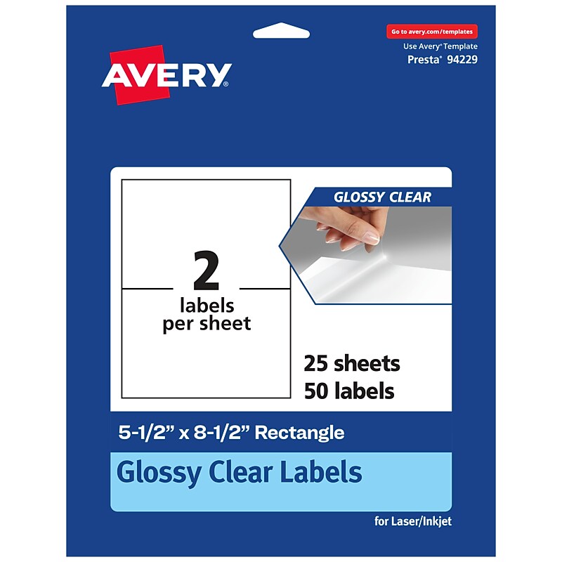 Avery Laser/Inkjet Multipurpose Labels, 8.5" x ", Glossy Clear, 50/Pack (94229) image 1